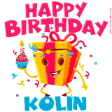 A funny animated birthday GIF with the words 'Happy Birthday Kolina', colorful gift box with arms and legs, holding a cupcake with a lit candle  with confetti everywhere.