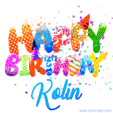 Animated GIF with colorful, festive 'Happy Birthday Kolin' text decorated with patterns, a party hat, and falling confetti. A vibrant and cheerful design for birthday celebrations.