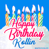 A cheerful animated GIF featuring colorful lit birthday candles on a white cake, with the text 'Happy Birthday Kollin' in bold red and blue script on a bright blue background.