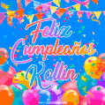A vibrant animated GIF with 'Feliz Cumpleaños Kollin' written in colorful script, surrounded by balloons, confetti, and bunting on a bright blue background.