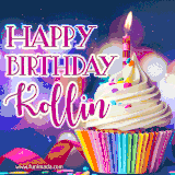 A festive animated GIF featuring a colorful cupcake with a single lit candle, sprinkles, and 'Happy Birthday Kollin' text against a sparkling, celebratory background.
