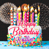 A lively happy birthday animated GIF showcasing a colorful birthday cake covered in sprinkles, topped with glowing candles, and surrounded by vibrant fireworks. The name 'Kollin' is featured in elegant script.