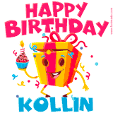 A funny animated birthday GIF with the words 'Happy Birthday Kollina', colorful gift box with arms and legs, holding a cupcake with a lit candle  with confetti everywhere.