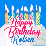 A cheerful animated GIF featuring colorful lit birthday candles on a white cake, with the text 'Happy Birthday Kolsen' in bold red and blue script on a bright blue background.