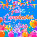A vibrant animated GIF with 'Feliz Cumpleaños Kolsen' written in colorful script, surrounded by balloons, confetti, and bunting on a bright blue background.