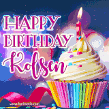A festive animated GIF featuring a colorful cupcake with a single lit candle, sprinkles, and 'Happy Birthday Kolsen' text against a sparkling, celebratory background.