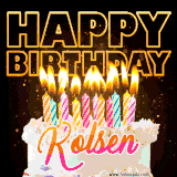 A vibrant animated GIF featuring a delicious birthday cake topped with glowing candles and the name 'Kolsen' in elegant script, and the words 'Happy Birthday' on the black background.
