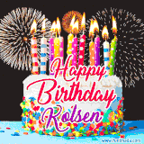 A lively happy birthday animated GIF showcasing a colorful birthday cake covered in sprinkles, topped with glowing candles, and surrounded by vibrant fireworks. The name 'Kolsen' is featured in elegant script.