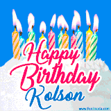 A cheerful animated GIF featuring colorful lit birthday candles on a white cake, with the text 'Happy Birthday Kolson' in bold red and blue script on a bright blue background.