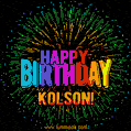 A colorful animated GIF featuring the text 'Happy Birthday Kolson!' in rainbow colors with a dynamic iridescent firework display in the background.