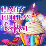 A festive animated GIF featuring a colorful cupcake with a single lit candle, sprinkles, and 'Happy Birthday Kolson' text against a sparkling, celebratory background.