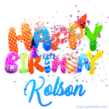 Animated GIF with colorful, festive 'Happy Birthday Kolson' text decorated with patterns, a party hat, and falling confetti. A vibrant and cheerful design for birthday celebrations.