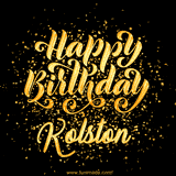 Animated GIF with colorful, festive 'Happy Birthday Kolston' text decorated with patterns, a party hat, and falling confetti. A vibrant and cheerful design for birthday celebrations.