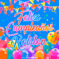 A vibrant animated GIF with 'Feliz Cumpleaños Kolston' written in colorful script, surrounded by balloons, confetti, and bunting on a bright blue background.
