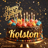 A chocolate frosted birthday cake with the name Kolston in yellow script, set against a dark background with golden star sparkles.