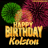 A captivating GIF with bursts of green, pink, and orange fireworks lighting up the night sky, accompanied by 'Happy Birthday Kolston' in glowing golden text.
