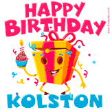 A funny animated birthday GIF with the words 'Happy Birthday Kolstona', colorful gift box with arms and legs, holding a cupcake with a lit candle  with confetti everywhere.