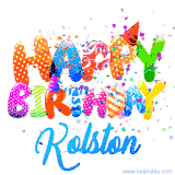 Animated GIF with colorful, festive 'Happy Birthday Kolston' text decorated with patterns, a party hat, and falling confetti. A vibrant and cheerful design for birthday celebrations.