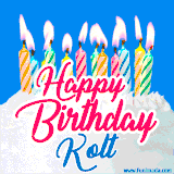 A cheerful animated GIF featuring colorful lit birthday candles on a white cake, with the text 'Happy Birthday Kolt' in bold red and blue script on a bright blue background.
