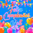 A vibrant animated GIF with 'Feliz Cumpleaños Kolt' written in colorful script, surrounded by balloons, confetti, and bunting on a bright blue background.