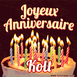A Happy Birthday GIF in French featuring a festive birthday cake adorned with bright candles and the glowing text 'Joyeux Anniversaire Kolt' in a cheerful style.