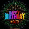 A colorful animated GIF featuring the text 'Happy Birthday Kolt!' in rainbow colors with a dynamic iridescent firework display in the background.