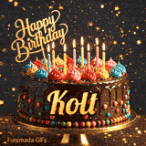 Glowing birthday candles of different colors flickering on a gourmet chocolate cake with Kolt's name.