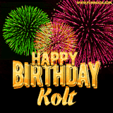 A captivating GIF with bursts of green, pink, and orange fireworks lighting up the night sky, accompanied by 'Happy Birthday Kolt' in glowing golden text.