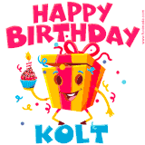 A funny animated birthday GIF with the words 'Happy Birthday Kolta', colorful gift box with arms and legs, holding a cupcake with a lit candle  with confetti everywhere.