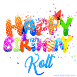 Animated GIF with colorful, festive 'Happy Birthday Kolt' text decorated with patterns, a party hat, and falling confetti. A vibrant and cheerful design for birthday celebrations.