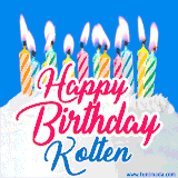 A cheerful animated GIF featuring colorful lit birthday candles on a white cake, with the text 'Happy Birthday Kolten' in bold red and blue script on a bright blue background.