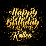 Animated GIF with colorful, festive 'Happy Birthday Kolten' text decorated with patterns, a party hat, and falling confetti. A vibrant and cheerful design for birthday celebrations.