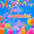A vibrant animated GIF with 'Feliz Cumpleaños Kolten' written in colorful script, surrounded by balloons, confetti, and bunting on a bright blue background.