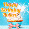 A cheerful animated GIF of a cupcake with creamy frosting, a red checkered ribbon, and a bright sparkler on top. The text 'Happy Birthday Kolten!' is displayed in vibrant orange and red.