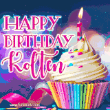 A festive animated GIF featuring a colorful cupcake with a single lit candle, sprinkles, and 'Happy Birthday Kolten' text against a sparkling, celebratory background.