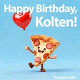 Cute animated pizza slice holding a red heart-shaped balloon with Happy Birthday Kolten text