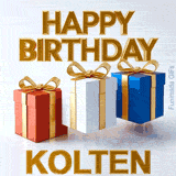 Festive and clean digital birthday greeting for Kolten featuring beautifully rendered bouncing presents in red, white, and blue with gold accents