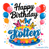 A sweet birthday cake with colorful icing flowers and balloon clusters on a white background, personalized for Kolten.