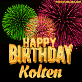 A captivating GIF with bursts of green, pink, and orange fireworks lighting up the night sky, accompanied by 'Happy Birthday Kolten' in glowing golden text.