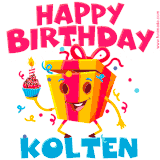A funny animated birthday GIF with the words 'Happy Birthday Koltena', colorful gift box with arms and legs, holding a cupcake with a lit candle  with confetti everywhere.