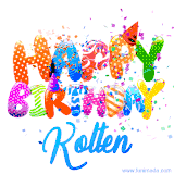 Animated GIF with colorful, festive 'Happy Birthday Kolten' text decorated with patterns, a party hat, and falling confetti. A vibrant and cheerful design for birthday celebrations.