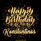 Animated GIF with colorful, festive 'Happy Birthday Konstantinos' text decorated with patterns, a party hat, and falling confetti. A vibrant and cheerful design for birthday celebrations.