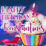 A festive animated GIF featuring a colorful cupcake with a single lit candle, sprinkles, and 'Happy Birthday Konstantinos' text against a sparkling, celebratory background.