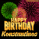 A captivating GIF with bursts of green, pink, and orange fireworks lighting up the night sky, accompanied by 'Happy Birthday Konstantinos' in glowing golden text.