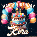 Hand-drawn happy birthday cake adorned with an arch of colorful balloons - name GIF for Kora