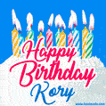 Happy Birthday GIF for Kory with Birthday Cake and Lit Candles