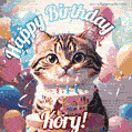 Happy birthday gif for Kory with cat and cake