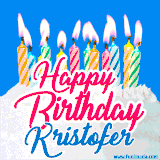 A cheerful animated GIF featuring colorful lit birthday candles on a white cake, with the text 'Happy Birthday Kristofer' in bold red and blue script on a bright blue background.