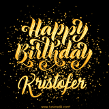 Animated GIF with colorful, festive 'Happy Birthday Kristofer' text decorated with patterns, a party hat, and falling confetti. A vibrant and cheerful design for birthday celebrations.
