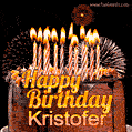 A rich chocolate cake topped with glowing birthday candles and surrounded by bright fireworks. The animated GIF displays the message 'Happy Birthday Kristofer' in golden text.